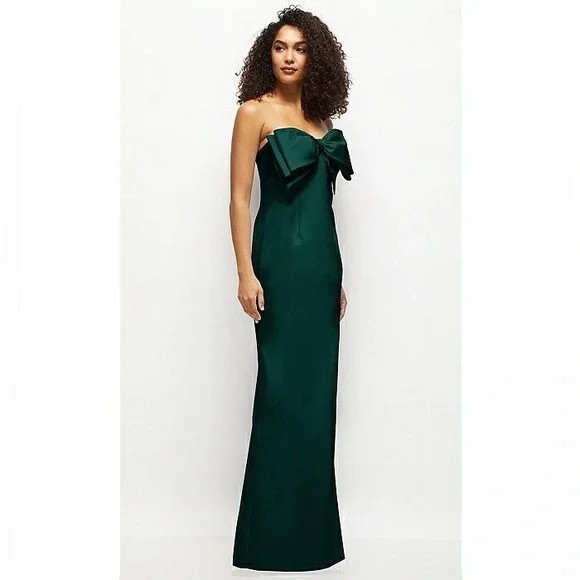 Alfred Sung Natasha Bow Detail Strapless Satin Twill Column Gown Evergreen D859 - Picture 2 of 10